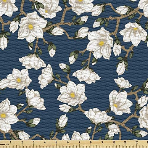 Lunarable Floral Fabric by The Yard, Magnolia Blossoms Dignity Nobility Tradition Royal Themed Vintage Flower Scene, Decorative Fabric for Upholstery and Home Accents, 2 Yards, Blue Yellow Deals